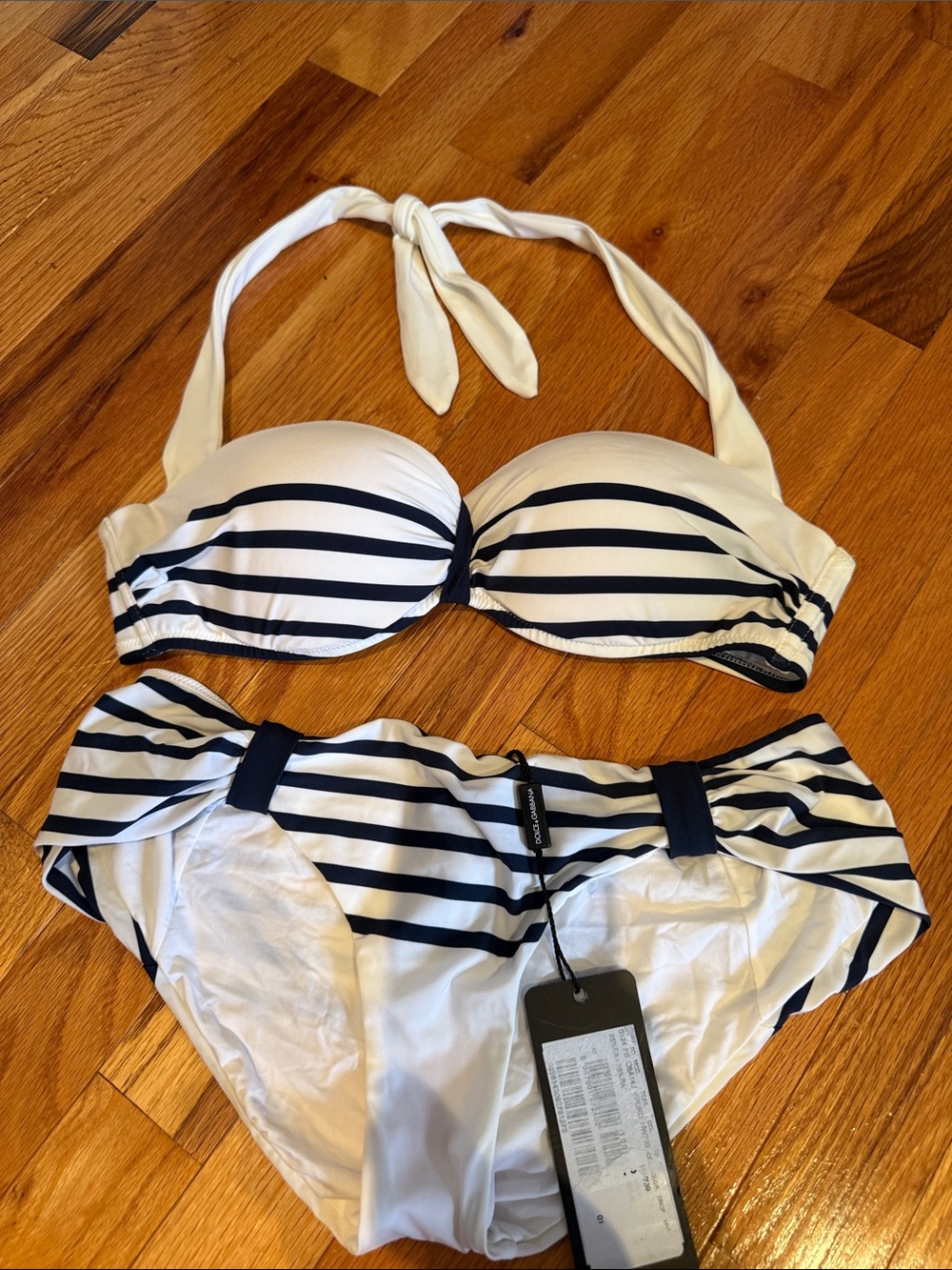 Dolce & Gabbana Striped White & Navy Halter Bikini Set - Women Swim